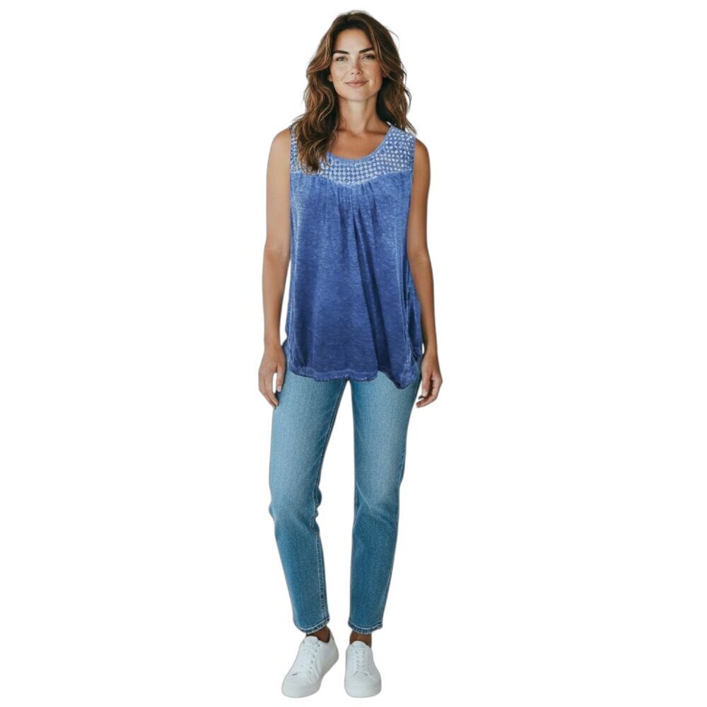 Style & Co. Blue Sleeveless Embroidered Yoke Tunic Top